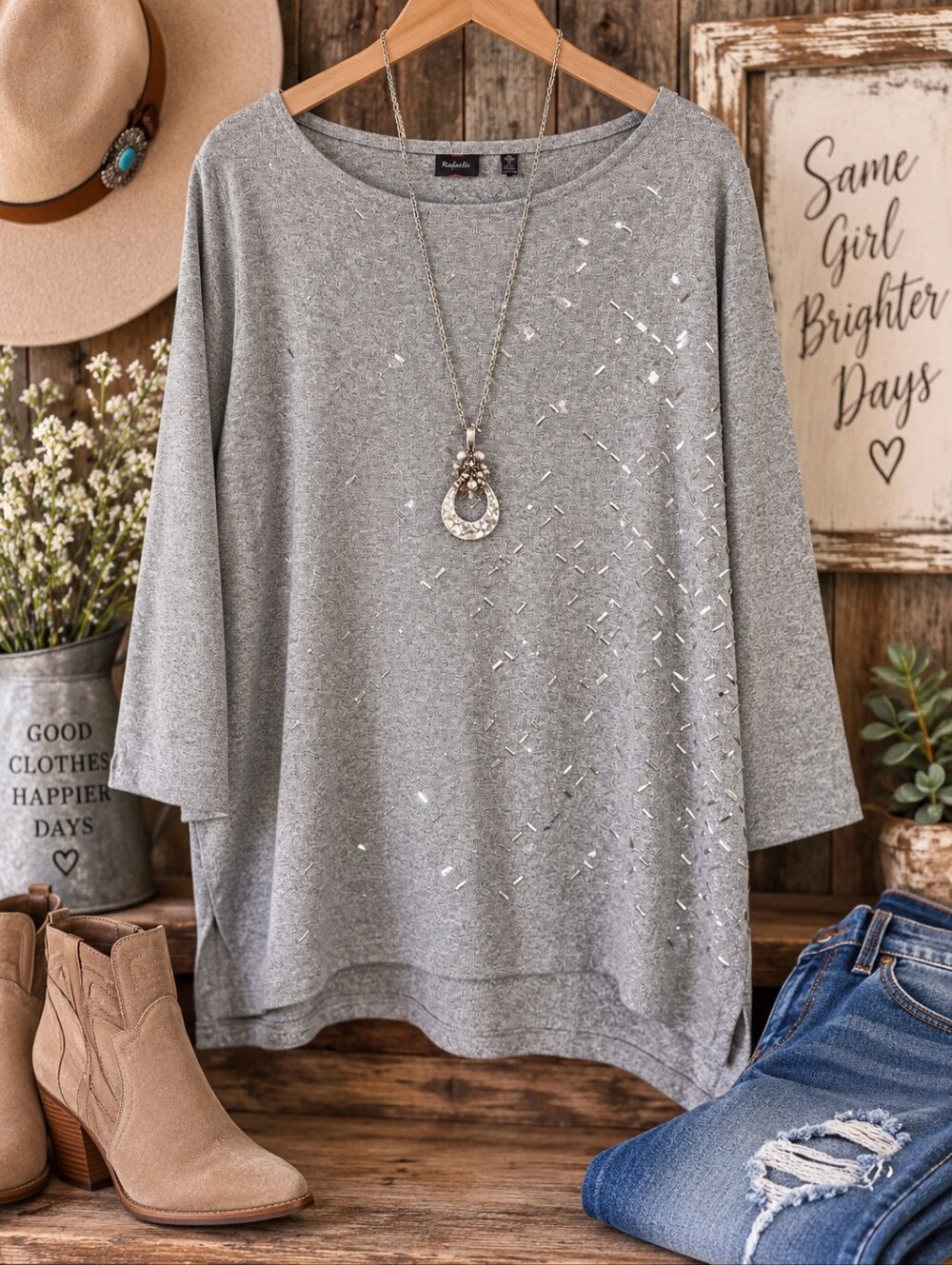 Rafaella XL Gray Embellished Rhinestone Stud Tunic Top
